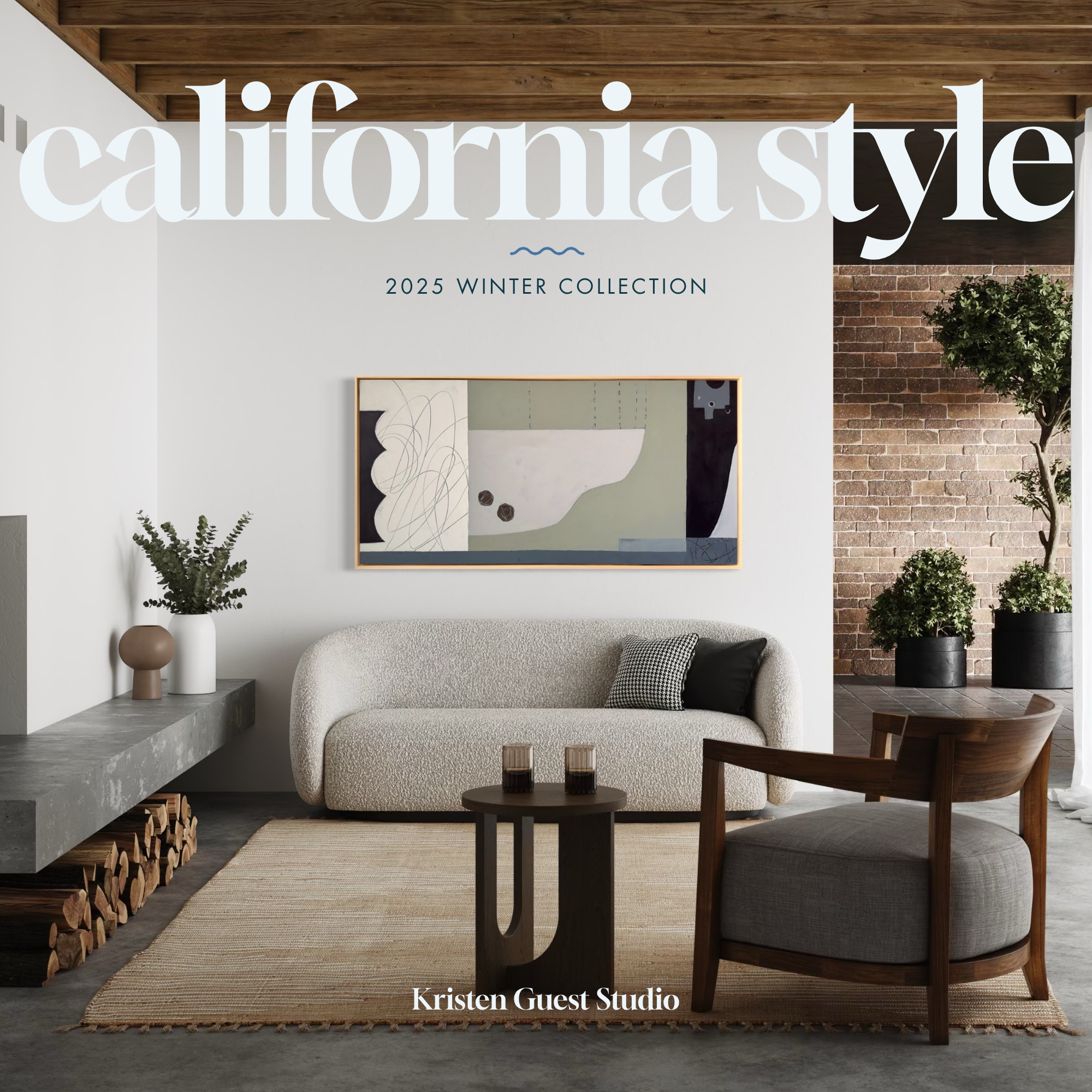Living room interior with a grey sofa, wooden ceiling beams, brick wall, and large “California Style” and “2025 Winter Collection” text overlaid.