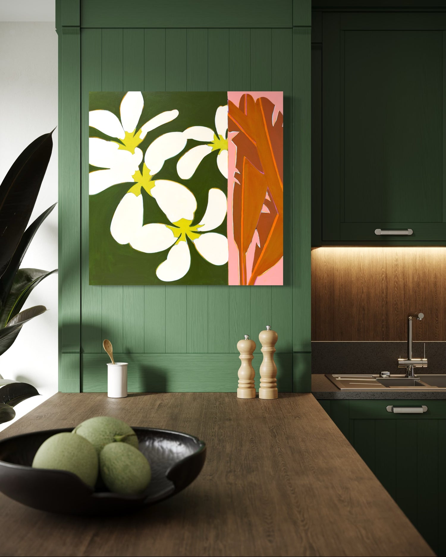 Island Plumeria Kristen Guest Studio framed artwork with tropical plumeria blooms in green and orange—bright white petals on dark background.