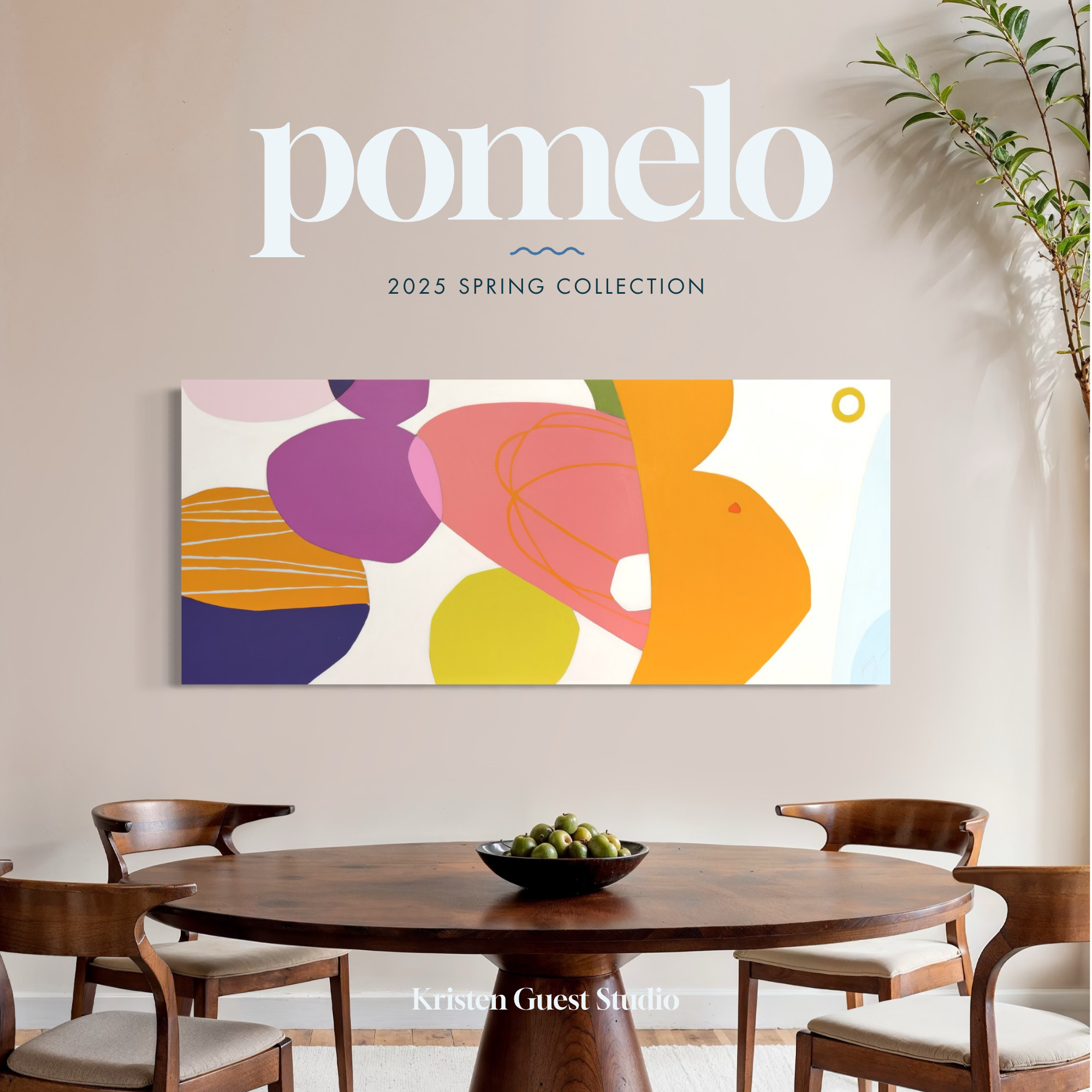 Spring collection wall poster with “2025 SPRING COLLECTION” and “bundleo” lettering, colorful abstract print, plus a green potted plant by dining chairs.