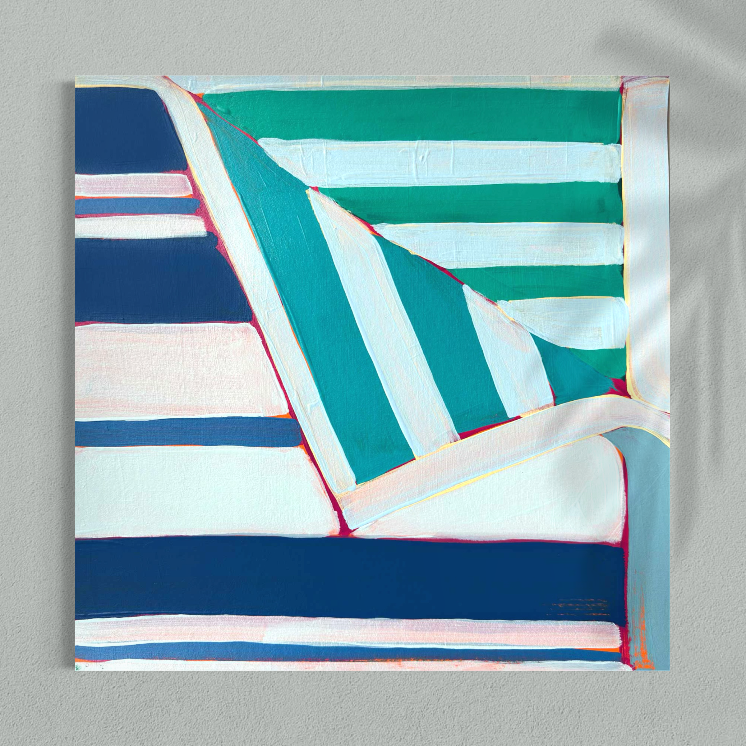 Abstract painting shows a teal center with white and light-blue layered strokes, intersected by curved blue and dark navy bands, inside a pale frame.