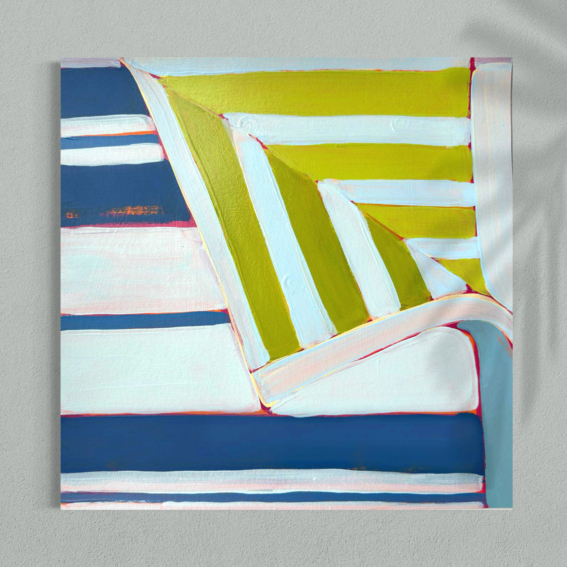 Abstract painting shows thick white and lime-green diagonal brushstrokes layered over blue and navy stripes with small red highlights.
