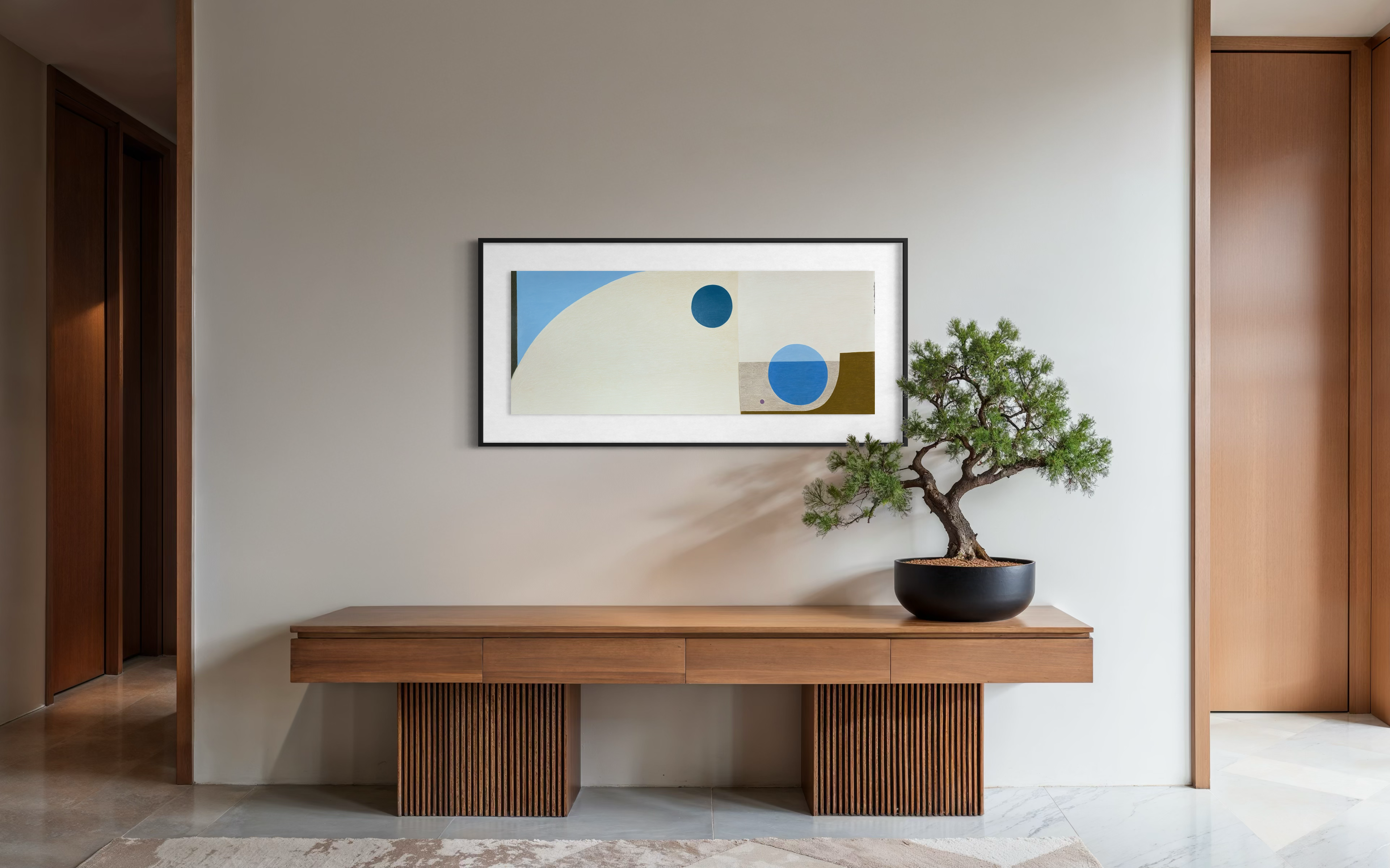 Modern Coastal Kristen Guest Studio framed abstract wall art in blue and teal with minimal coastal circles and curved wave forms