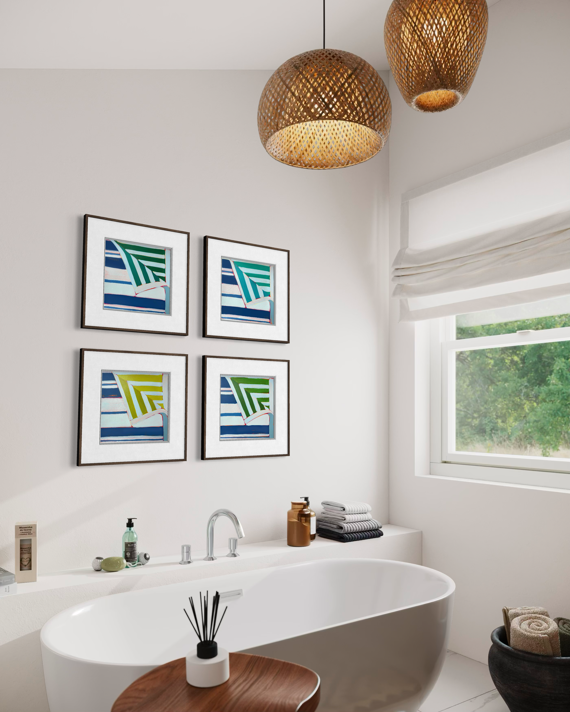 Rattan pendant lamps hang over a white bathroom counter, with framed wall prints, folded blinds, and a window above a bathtub and toiletries.