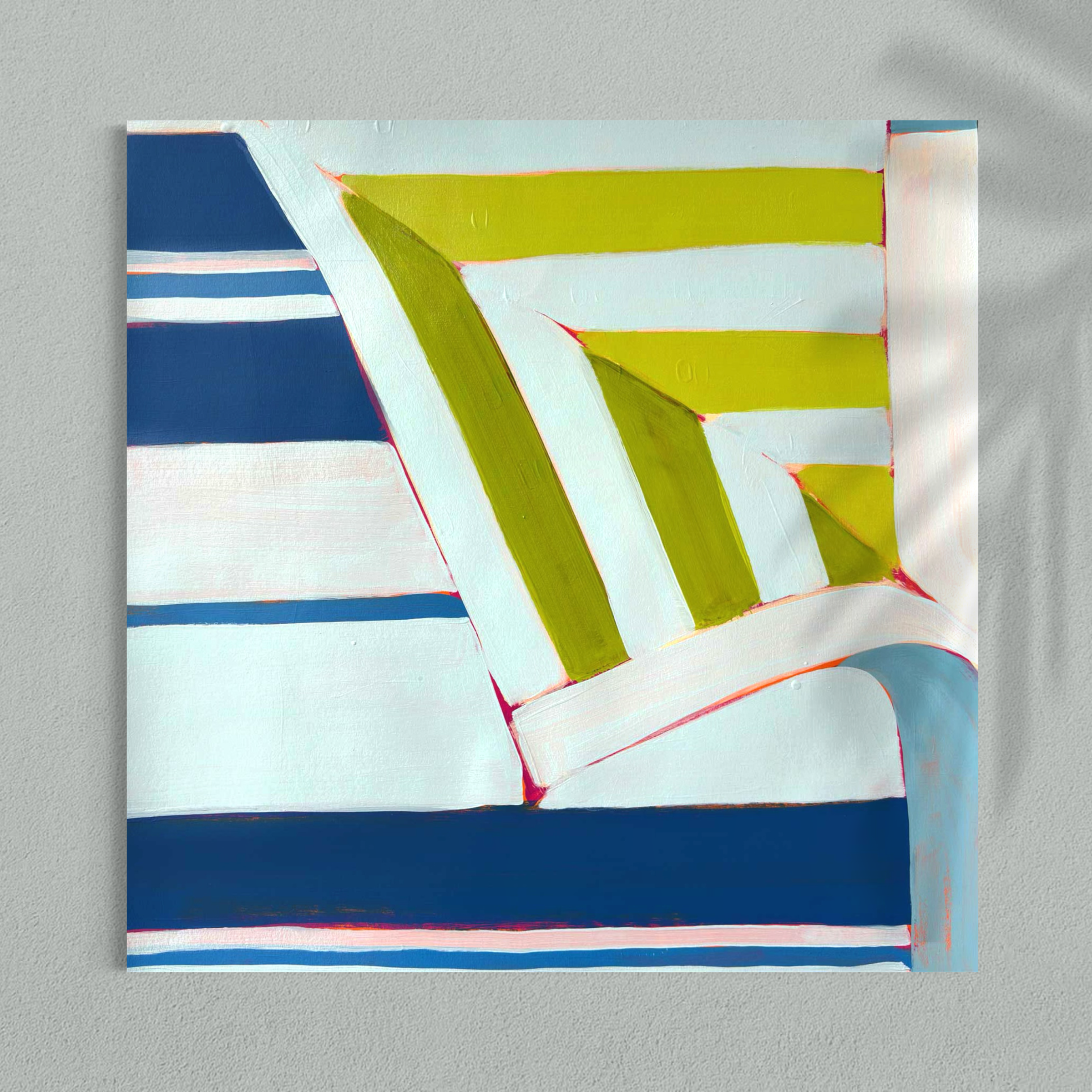 Abstract painting shows white diagonal beams crossing stacked bands of lime green and yellow with blue and red stripes, set on a textured canvas.
