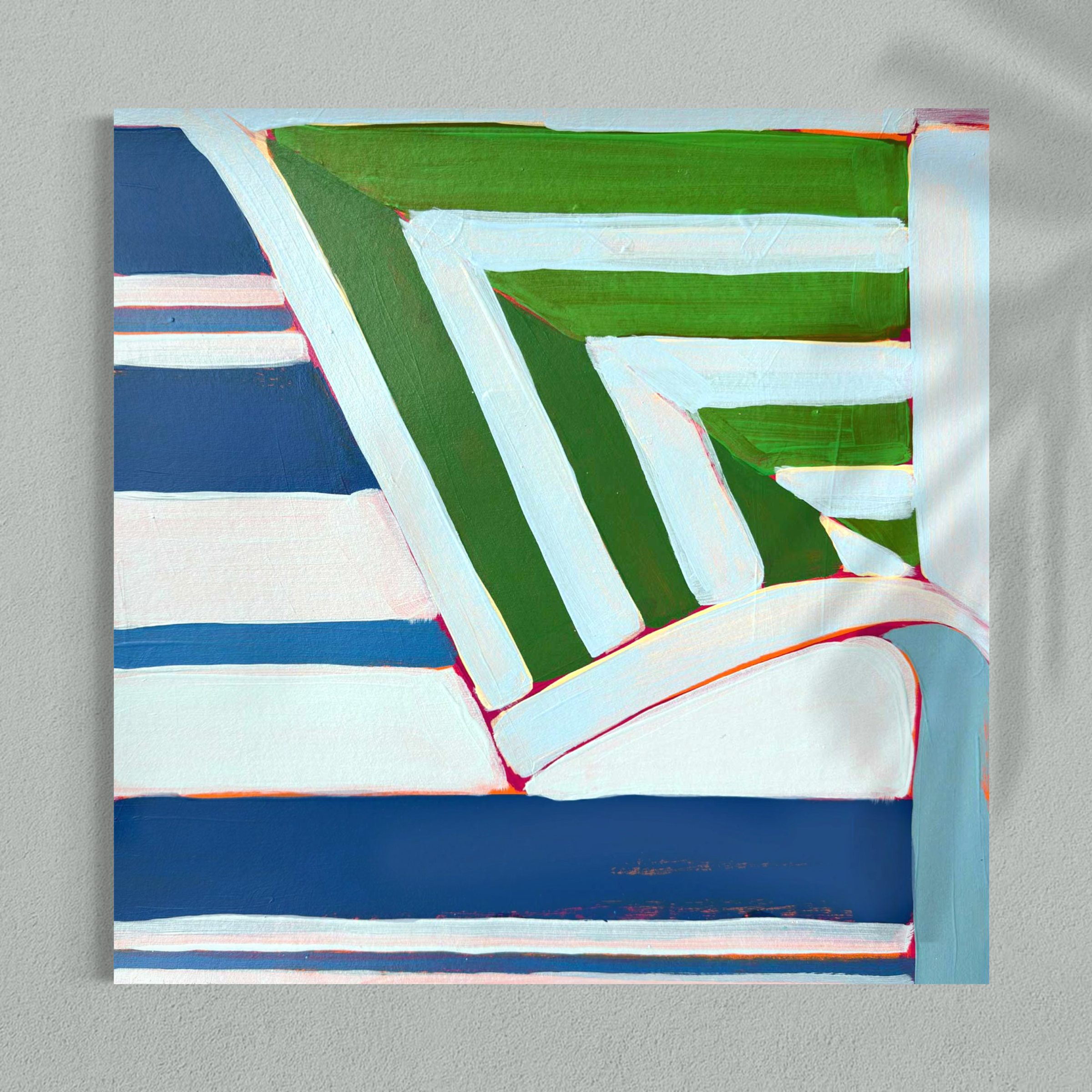 Abstract painting shows green and blue geometric blocks with thick white strokes and diagonal beams, layered with visible brush texture.